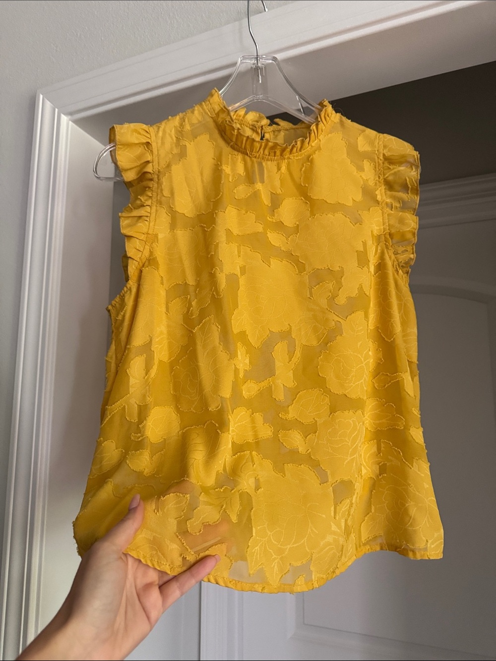 Yellow Sleeveless Ruffle Neck Women's Work Office Top - Picture 2 of 6